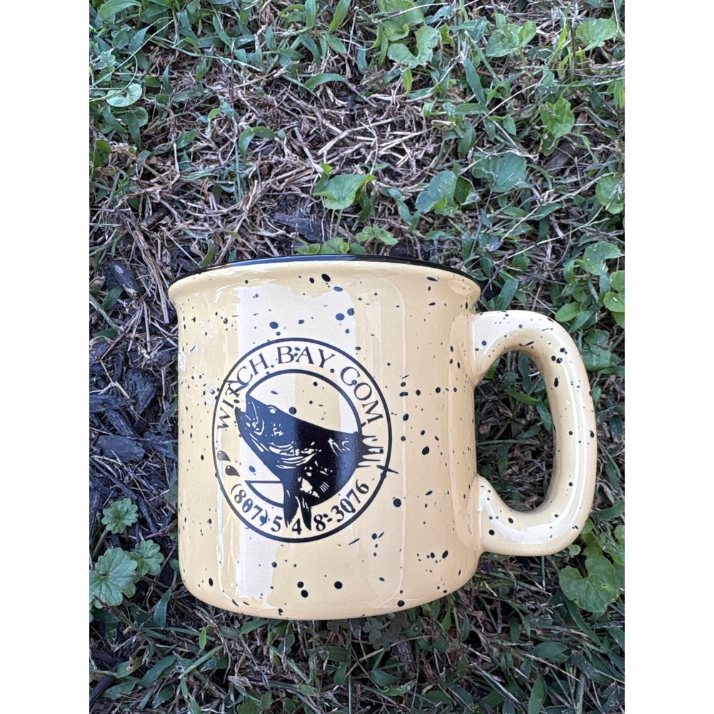 Liquid Logic Witch Bay Camp Speckled Ceramic Coffee Mug Yellow Black Rim Fishing